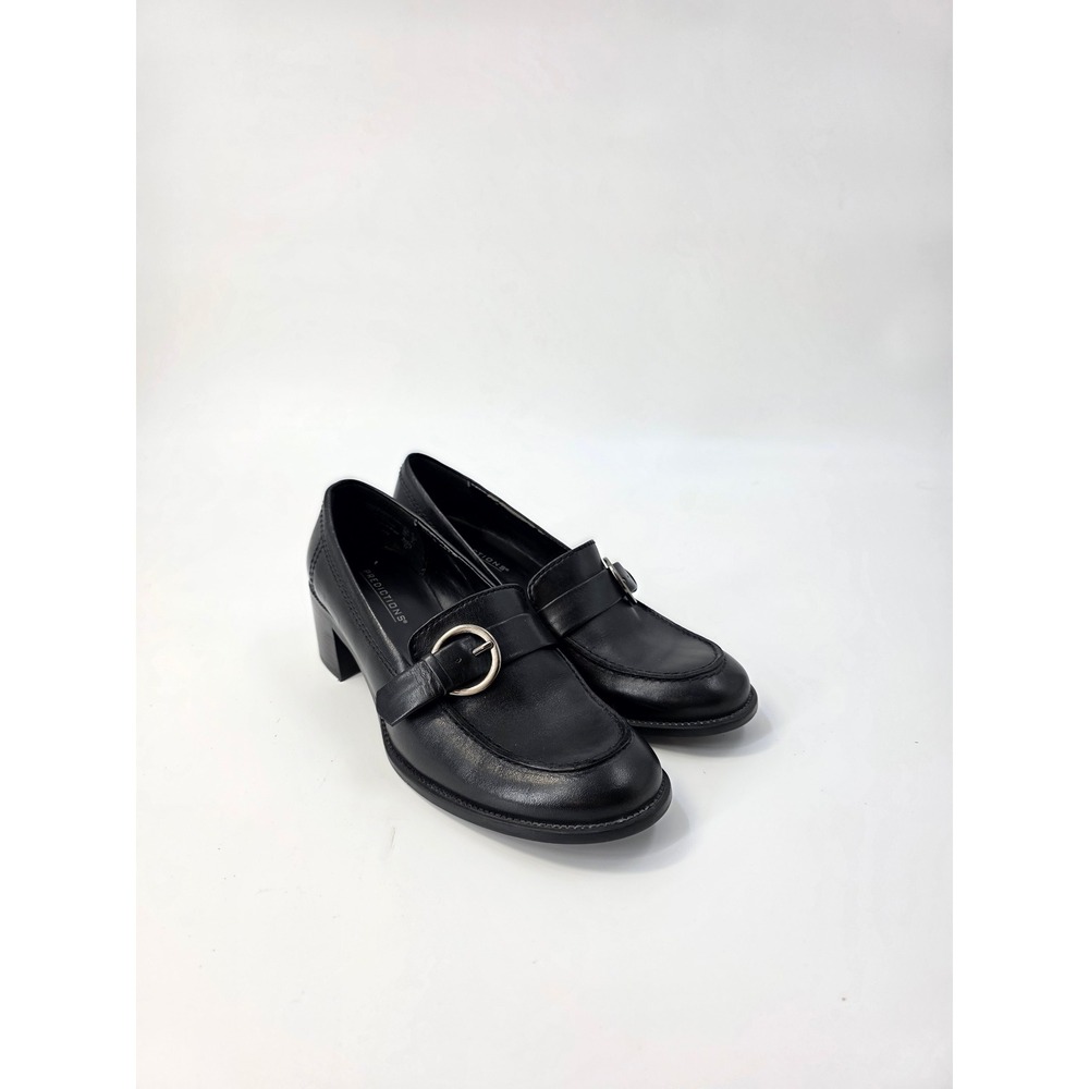 Predictions Black Leather Buckle Block Heel Loafers Womens Size 6 Moc Toe Pumps